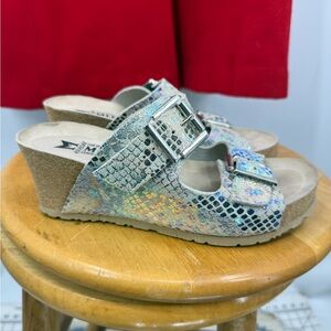 Mephisto Holographic Snake-Print Cork Wedge Sandals 37/6.5